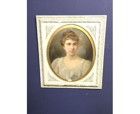 Oval portrait of a lady in white painted decorative frame 54 x 44 cm 