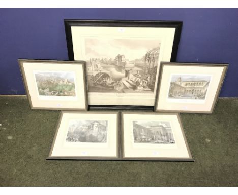 4 David Roberts engravings of Spanish buildings ( 21 x 26 cm) framed &amp; glazed, print of Le Printemps (A Watteau) 