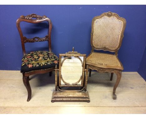 Faux bamboo toilet mirror and 2 Victorian Bedroom chairs (1 tapestry seated the  other cane) 