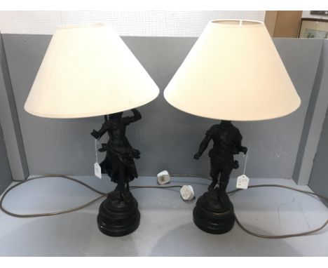 Pair of metal table lamps in the form of an elegant gentleman &amp; lady &amp; an old wrought iron candle stick 