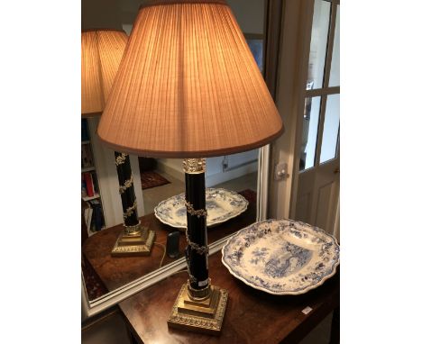 Decorative lamp on brass stepped pedestal base &amp; black column entwined with vine leaves &amp; silk pleated shade 68 cm H 