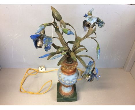 Art Deco style blue and green three branch floral lamp 