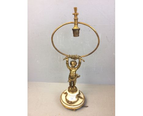 Brass cherub on a marble base supporting a table lamp fitting 48 cm 