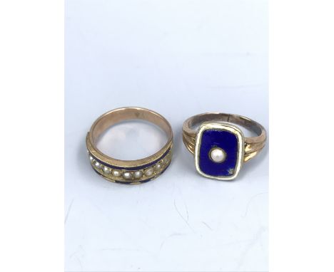 Unmarked yellow metal plaque ring with blue enamel plaque central split pearl size J &amp; unmarked yellow metal enamel &amp;