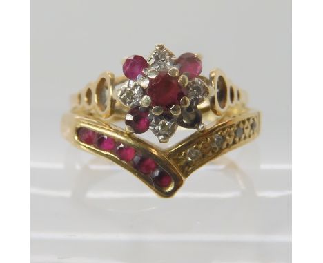 A 9ct gold ruby and diamond retro cluster ring size L (one ruby          missing), together with a 9ct ruby and diamond 'V' s