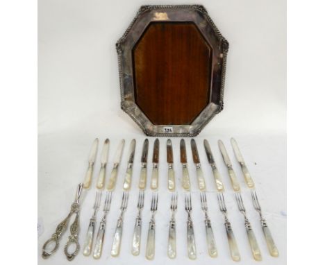 A lot comprising a part set (missing a fork) EP and mother of pearl dessert cutlery set, a pair of grape scissors and a chees