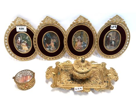Four overpainted panels of couples in gilt metal frames, together with a cast metal inkwell and a trinket box Condition Repor