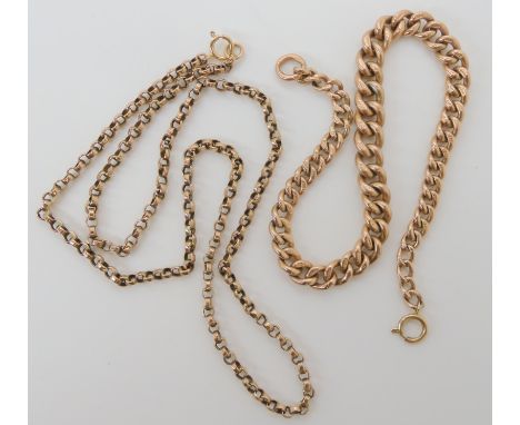 A 9ct gold 'fob chain' bracelet length 23.5cm, Hallmarked to every link, together with a vintage yellow metal chain length 43