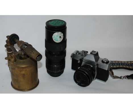 A Praktica camera, additional lens, Photo Sniper and blow torch (3) Condition Report: Available upon request