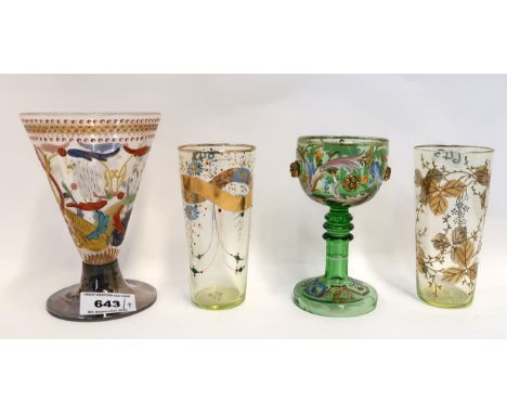 An enamel painted conical glass with white metal base, 14cm high, a hock glass with painted decoration and two other glasses 