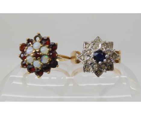 A 9ct gold sapphire and illusion set diamond cluster ring size Q, together with a 9ct garnet and opal cluster ring (one garne