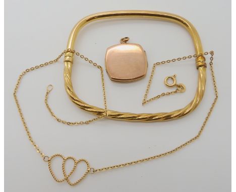A 9ct gold square shaped bangle dimensions 5.4cm x 6.2cm, together with a 9ct double hearts necklet length 37.5cm, together w