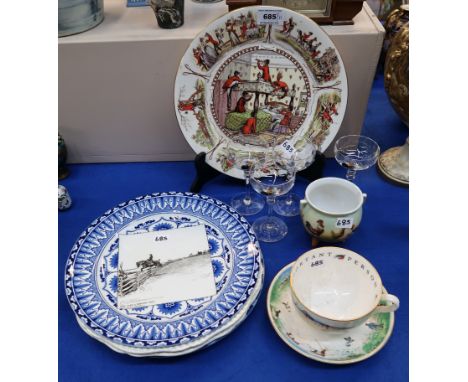 A set of four cockerel painted glasses, a Royal Worcester fishing themed cup and saucer, an Aynsley 'Foxhunter's Nightmare' p