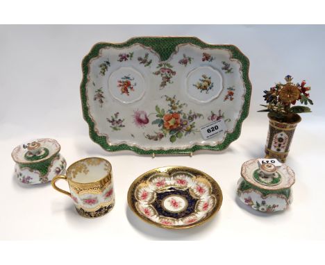 A Dresden double inkwell and tray, a Paragon china coffee can and saucer and a metal flower spray in Derby style vase Conditi