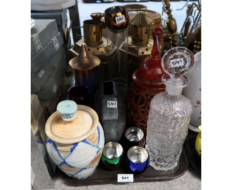 A Whitefriars bark effect decanter, decorative pottery pieces, two brass and glass candle lamps, night lights etc Condition R