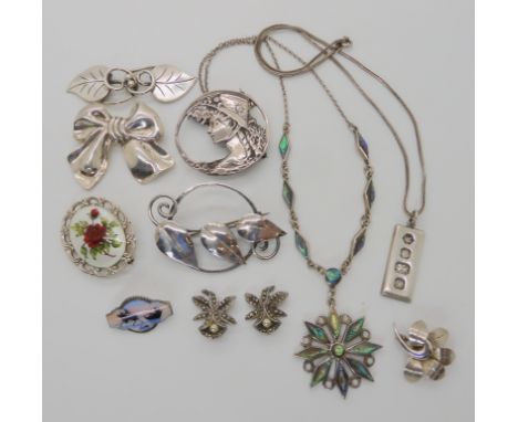 A silver and paua shell necklace, A silver and enamel Norwegian brooch and other items Condition Report: No condition report 