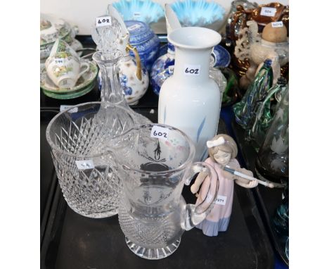 An Edinburgh crystal thistle shaped and cut jug, other crystal including an ice bucket, a Nao figure and a porcelain vase Con