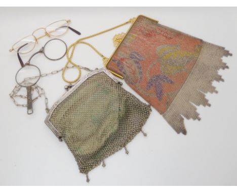 Two vintage mesh handbags a pair of lorgnettes and a pair of vintage glasses Condition Report: No condition report available 