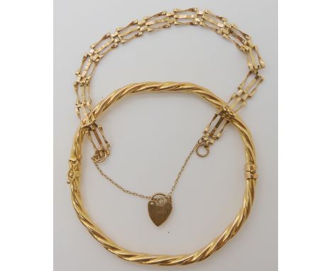 A 9ct gold twist bangle inner dimensions 6.3cm x 6.3cm, together with a 9ct gate bracelet, weight together 9.5gms Condition R
