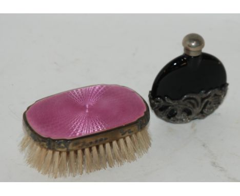 A silver-topped and enamel brush, white-metal mounted scent bottle etc Condition Report: Available upon request