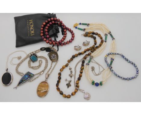 A silver Caithness glass ring, Honora pearl bracelets, and other items of silver and costume Condition Report: No condition r