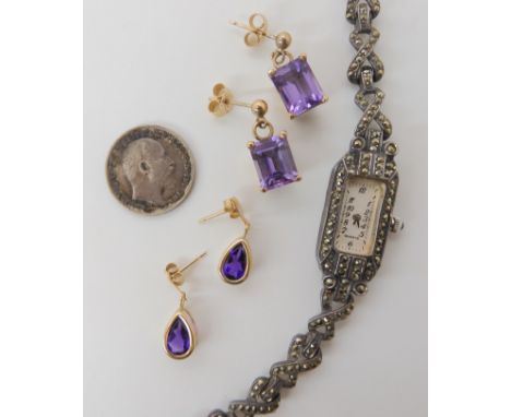 Two pairs of yellow metal amethyst earrings weight combined 4.6gms, together with a silver and marcazite watch and a silver s