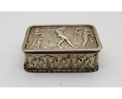 A white metal snuff box, rectangular embossed with classical figures, 6.8cm x 4.8cm Condition Report:Good condition and is ha
