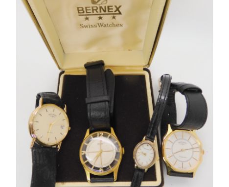 A gents vintage Bernex transparent watch and two gents Rotary watches and a Sekonda Condition Report: No condition report ava