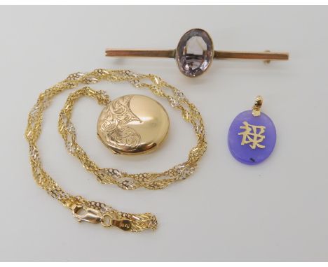 A 9ct back and frint round locket diameter approx 2.4cm, with 9ct bi colour rope chain length 48cm, a yellow metal mounted am