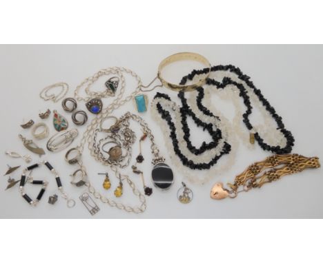 A silver fob seal pendant made by DSW set with blue tigers eye  and agate, gold plated gate bracelet and bangleand other item