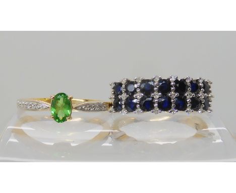 A 9ct gold tsavorite and diamond ring size N1/2, together with a 9ct sapphire and diamond cluster ring size N1/2, weight comb