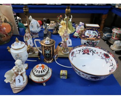 Royal Worcester Prince Regent bowl, a Copeland Spode vase, a Noritake coffee pot, Coalport Strange Orchid, a pair of figural 