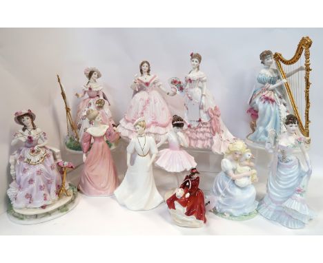 Royal Doulton figure Emma, five Royal Worcester figures Embroidery, Music, Painting, A Celebration at Windsor, The Masquerade