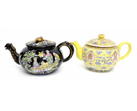 One Chinese tea pot,and one famille noir English Teapot, decorated in polychrome with Chinese figures, the second yellow grou
