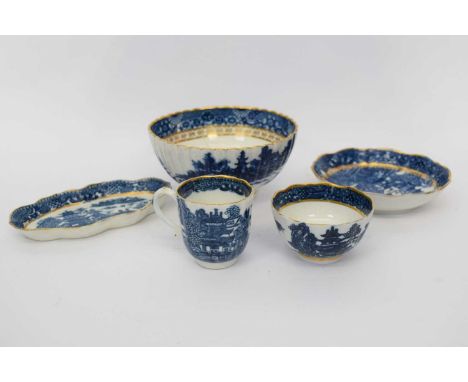 Group of Caughley wares including a slop bowl, (cracked), a shaped tea pot stand, Caughley cup and tea bowl (5)