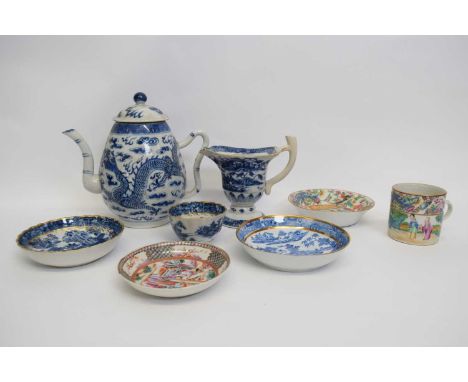 Group of Chinese blue and white porcelains including 18th century helmet jug (restored handle), tea bowls and saucers (qty)