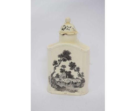 18th century cream ware caddy with black printed designs