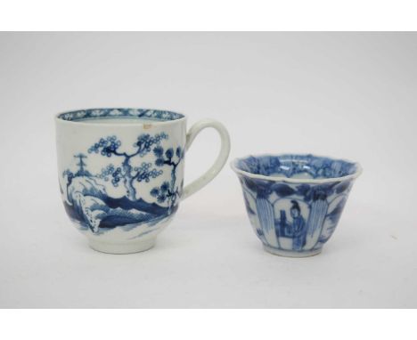 18th century Worcester porcelain cup with a house and rock design, together with a Chinese porcelain tea bowl in Kangxi style