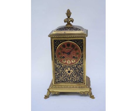 Hall &amp; Co, Paris, early 20th century brass and black lacquered cased mantel clock, the architectural case holding a face 