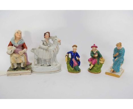 Group of Staffordshire figures including two in chinoiserie style, further Worcester porcelain figure on mounted base (head b