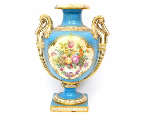 Large 19th century English porcelain vase, the light blue ground with central cartouche painted with flowers and ornate gilt 