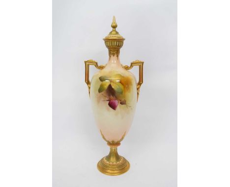 Royal Worcester vase painted with roses, signed Austin, with cover (some restoration)