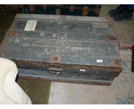 A large metal military trunk with "58 Ward-Jackson, The Worcester Regiment, RMMSI", 36" x 21" x 13" deep.