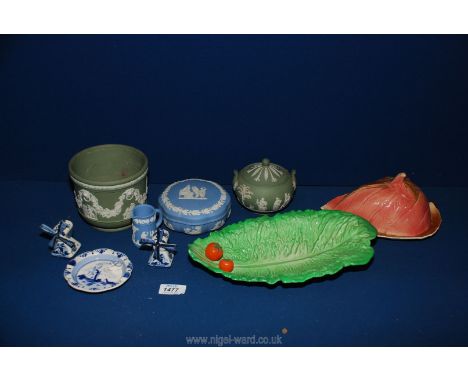 A quantity of china including, a Carltonware leaf dish, a Royal Winton dish, Royal Worcester Jasperware and three small Delft