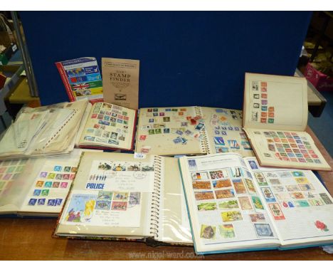 A Stanley Gibbons stamp collector book, a Shield Stanley album, an album of First Day covers, a stamp stock book and loose st