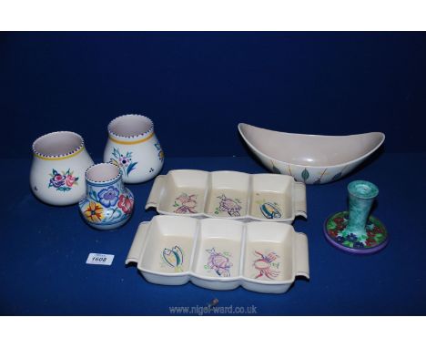 Two Poole vases and two Poole three section serving trays and a Radford candlestick etc.