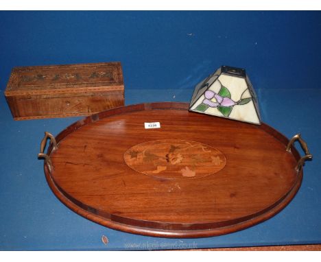 A Mahogany inlaid oval Tray having galleried sides and two handles, (some repair to sides), together with an old wooden box w