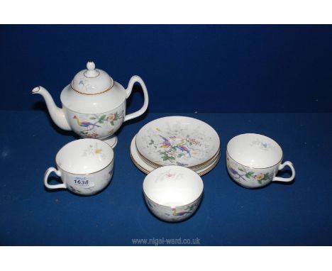 A part Coalport Teaset in Cairo/Peacock pattern, c. 1960, including teapot, two tea plates, two cups and saucers and a sugar 