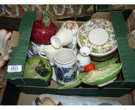 A quantity of china including a Sylvac beetroot and apple lidded jars, Wedgwood cups and saucers, Delft blue tankard, glass b