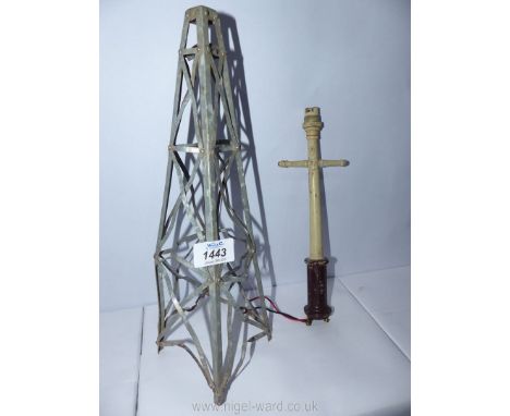A miniature metal model of lattice type tower, possibly a demonstration model for a windmill, 14" high x 5" square at the bas